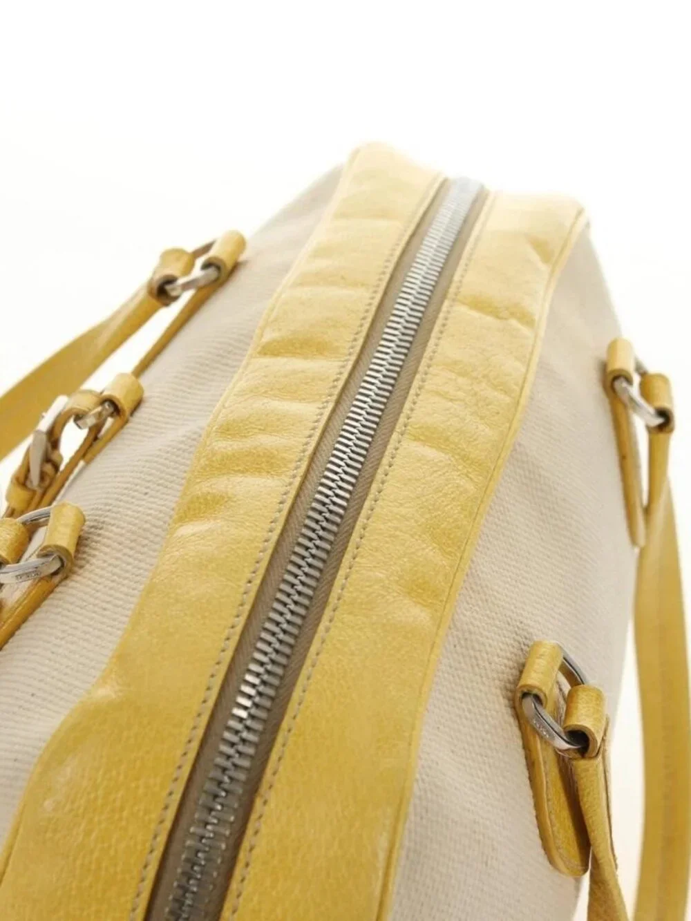 PRADA Hand Bag Canvas Leather Beige Yellow Silver Auth
